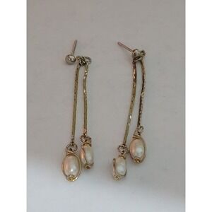 Vintage gold tone chain double dangle faux pearl post earrings